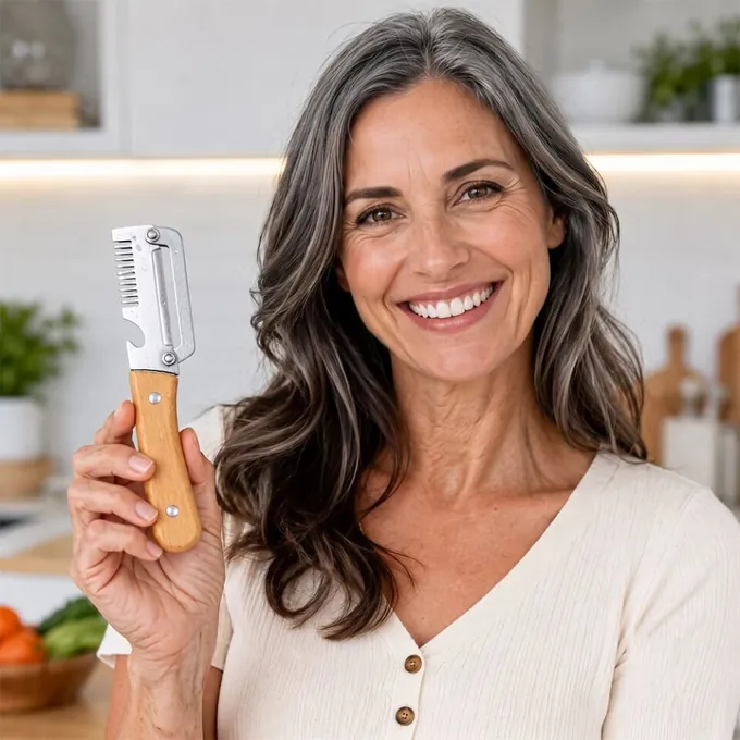 A home cook with long gray hair smiles while holding PeelPro in her kitchen