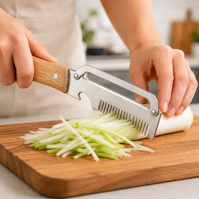 Cucumber cut into julienne strips with PeelPro on a wooden board