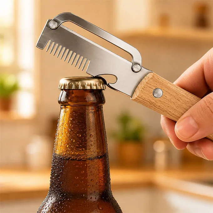 PeelPro used as a bottle opener on a brown glass bottle