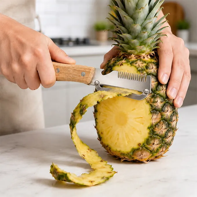 Peeling a pineapple with PeelPro as a long spiral of peel falls away